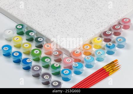 Un kit de peinture détaillé comprenant une toile numérotée, plusieurs conteneurs de peinture et des pinceaux à manche rouge. Loisirs créatifs. Banque D'Images