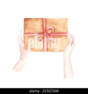 Mains féminines tenant une boîte cadeau kraft brun avec ruban de satin rouge avec noeud. Vue de dessus. Illustration aquarelle peinte à la main isolée sur un blanc Banque D'Images