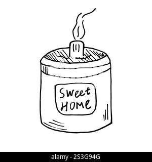 Bougie parfumée dans un pot avec une étiquette, illustration vectorielle dessinée à la main dans le style doodle. Un dessin linéaire d'une bougie avec l'inscription Sweet Home. Illustration de Vecteur