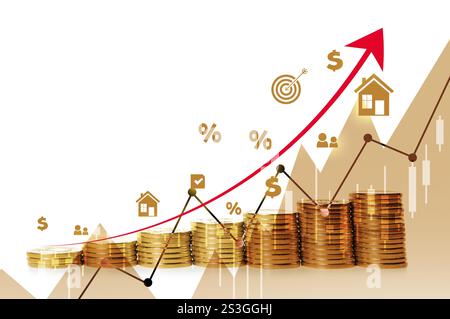 Marché immobilier. Pièces empilées, graphique, flèche, signes de pourcentage, illustrations de maison et icônes sur fond blanc visualisant la hausse du taux d'intérêt Banque D'Images