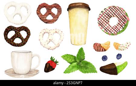 Ensemble aquarelle de bretzels recouverts de chocolat, morceaux de fruits, feuilles de menthe, tasse à café à emporter et tasse Banque D'Images