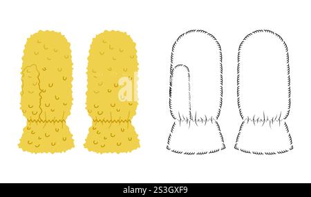 Poil fourrure One-Fingered Mitten gants longueur poignet bande dessinée jaune et maquette plate croquis accessoire de main de mode vêtements illustration technique vêtement. Vecteur pour hommes modèle de style femmes contour CAD Illustration de Vecteur