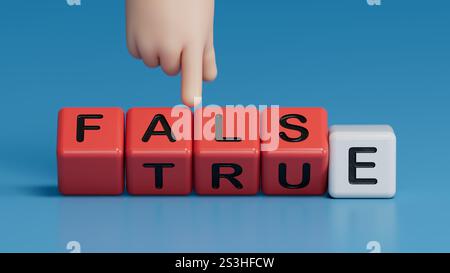 Symbole vrai ou faux. Mot concept vrai ou faux sur des blocs de bois. Main d'homme d'affaires. Business et vrai ou faux concept. Copier l'espace. Banque D'Images