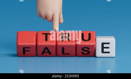 Symbole vrai vs faux. La main de l'homme d'affaires tourne des cubes et change le mot faux à vrai. Business et vrai vs faux concept. Copier l'espace. Banque D'Images