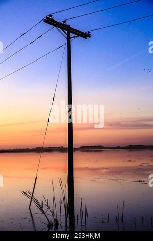 Un grand poteau avec une ligne électrique se tient dans un champ près d'un plan d'eau. Le ciel est un beau mélange de teintes orange et bleues, créant un p serein Banque D'Images