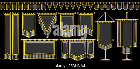 Vector Medieval Flag Set, collection d'illustrations de contour découpées debout drapeaux de variété noirs avec contour doré, groupe de 11 médievas décoratifs Illustration de Vecteur