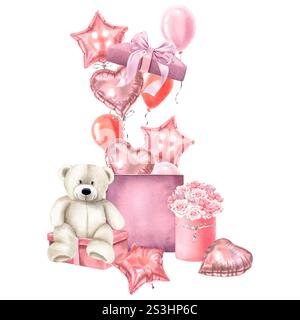 Ours en peluche avec bouquet de roses assis à côté d'une boîte cadeau et des ballons festifs volent hors d'eux. Illustration aquarelle mignonne de surprise sur isolé Banque D'Images