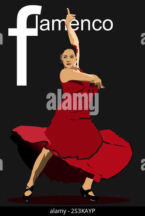 Beau jeune couple dansant flamenco. Illustration vectorielle 3d dessinée à la main Illustration de Vecteur