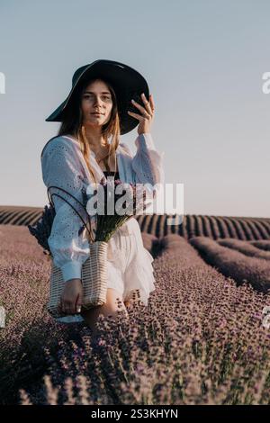 Femme dans une robe blanche et chapeau posant dans un champ de lavande Banque D'Images