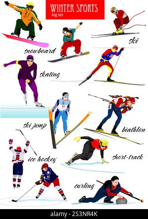 Grand ensemble de sports d'hiver. Illustration vectorielle 3d dessinée à la main Illustration de Vecteur