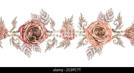 Bordure fleurie sans couture. Roses roses vintage avec des feuilles argentées pastel. . Couleurs rose-brun dans la palette de mousse moka. Clipart botanique dessiné à la main fo Banque D'Images