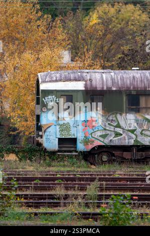 Train couvert graffiti, gare de Cahors, département du Lot, France Banque D'Images