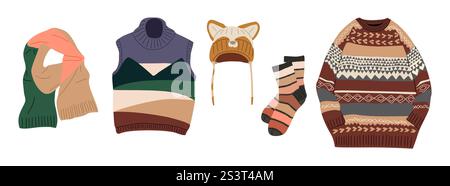 Ensemble de vêtements tricotés, pull, chapeau, chaussettes, écharpe Illustration de Vecteur