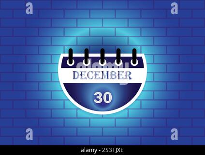 Une page de calendrier stylisée montrant le 30 décembre. La conception comporte un calendrier circulaire contre un mur de briques bleues, mis en évidence avec une lueur douce. Illustration de Vecteur