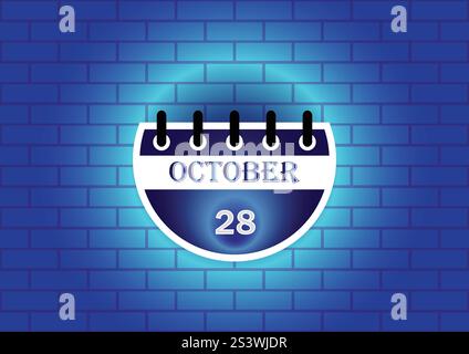 Une illustration numérique d'une page de calendrier montrant le 28 octobre. Le calendrier est représenté sur un fond de mur de briques bleues Illustration de Vecteur