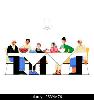 Famille dînant ensemble en illustration vectorielle plate symbolisant le collage, l'unité et le repas, isolé sur fond blanc. Illustration de Vecteur