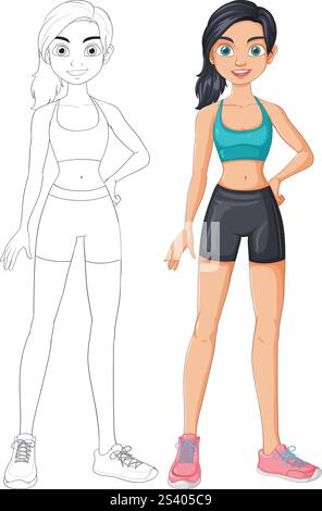 Femme en vêtements sportifs, versions colorées et esquissées Illustration de Vecteur