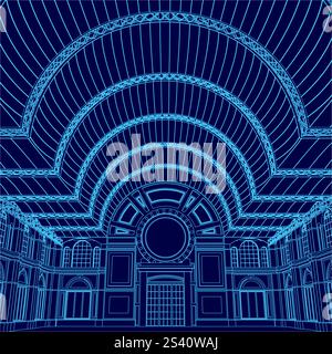 Dessin bleu d'un grand bâtiment avec un dôme. Le bâtiment est très grand et a beaucoup de fenêtres Illustration de Vecteur