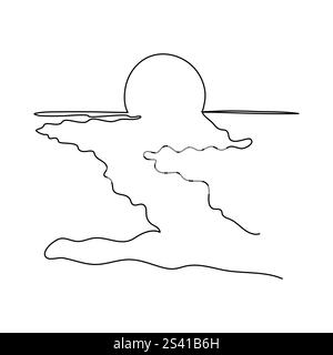 Coucher de soleil avec nuage sur l'océan continu d'une ligne dessin Sunrise une seule ligne style linéaire, dessin continu d'une seule ligne du coucher de soleil nuage Illustration de Vecteur