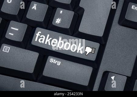 Tastatur mit Fakebook und Symbol Daumen runter Tastatur mit Fakebook und Symbol Daumen runter, 10.01.2025, Borkwalde, Brandenburg, Auf einer Computertastatur befindet sich der Schriftzug Fakebook mit dem Symbol Daumen runter. *** Clavier avec faux livre et symbole pouce vers le bas clavier avec faux livre et symbole pouce vers le bas, 10 01 2025, Borkwalde, Brandebourg, sur un clavier d'ordinateur il y a le lettrage Fakebook avec le symbole pouce vers le bas Banque D'Images