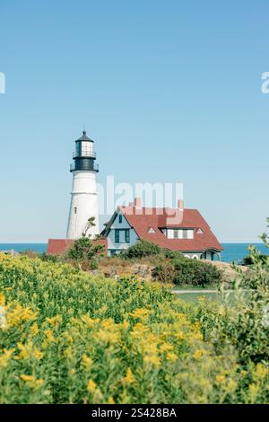 Phare blanc avec maison au toit rouge entourée de verdure. Banque D'Images