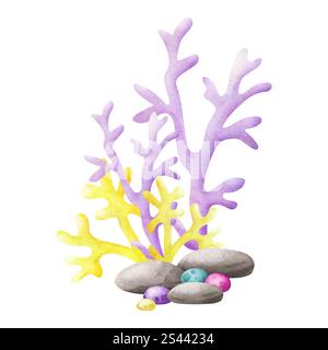 Coraux, cailloux, pierres aquarelle illustration isolée dans le style de bande dessinée. Composition colorée sous-marine dessinée à la main dans des couleurs jaunes, lilas et vertes pour le design marin des enfants et les imprimés nautiques. Banque D'Images
