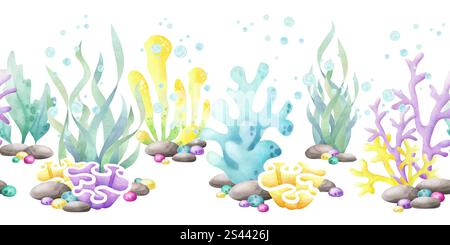 Algues, coraux, cailloux, pierres aquarelle isolée bordure sans couture dans le style de bande dessinée. Bannière horizontale sous-marine dessinée à la main en jaune, lilas et vert pour la conception marine et nautique des enfants. Banque D'Images