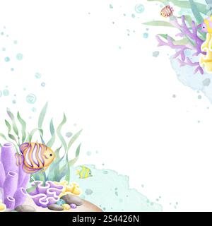Fonds marins avec poissons, algues, coraux, cailloux, pierres, bubbles aquarelle cadre carré isolé avec espace de copie dans le style de dessin animé. Fond de l'océan dessiné à la main dans les couleurs jaune, lilas et vert pour les dessins. Banque D'Images