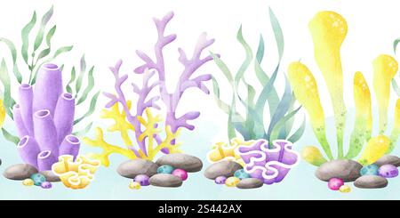 Algues, coraux, cailloux, pierres aquarelle isolée bordure sans couture dans le style de bande dessinée. Bannière horizontale sous-marine dessinée à la main en jaune, lilas et vert pour la conception marine et nautique des enfants. Banque D'Images