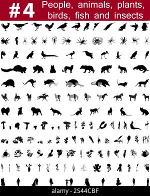 Grande collection de silhouettes vecteur collage de personnes, d'animaux, oiseaux, poissons, insectes et fleurs Illustration de Vecteur