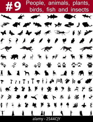 Grande collection de silhouettes vecteur collage de personnes, d'animaux, oiseaux, poissons, insectes et fleurs Illustration de Vecteur