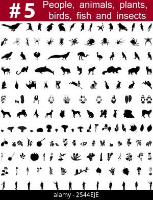 Grande collection de silhouettes vecteur collage de personnes, d'animaux, oiseaux, poissons, insectes et fleurs Illustration de Vecteur