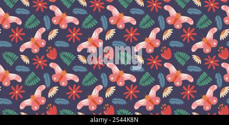 Papillon sans couture et motif floral avec des éléments botaniques dessinés à la main dans des tons pastel doux sur fond bleu foncé parfait pour tissu, Wrappin Illustration de Vecteur