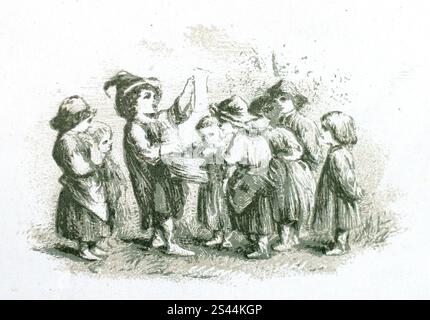 Un groupe d'enfants, l'un tenant une feuille de chant. Un petit dessin au trait tiré de Winter’s Tale, Act IV. scène 3 : Autolycus’ Song. Illustration originale d'environ 35mm de large. Ceci fait partie d'un groupe de photographies d'œuvres d'art de Sir John Gilbert. Une série de planches gravées ont été réalisées pour illustrer un livre d’écriture de Shakespeare. Il a été publié pour la première fois en 1862. Cette illustration est apparue dans un volume abrégé ultérieur, censé être c1886. Banque D'Images