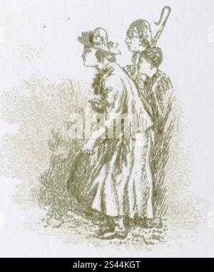 Trois personnages, un avec un bâton de berger. Un petit dessin au trait tiré de Winter’s Tale, Act IV. scène 3 : Autolycus’ Song. Illustration originale d'environ 20mm de large. Ceci fait partie d'un groupe de photographies d'œuvres d'art de Sir John Gilbert. Une série de planches gravées ont été réalisées pour illustrer un livre d’écriture de Shakespeare. Il a été publié pour la première fois en 1862. Cette illustration est apparue dans un volume abrégé ultérieur, censé être c1886. Banque D'Images
