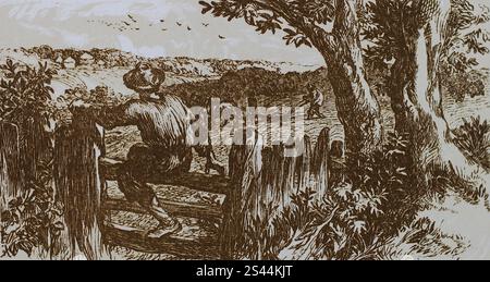 Un homme grimpant sur un stile. Une ligne dessinée de Winter’s Tale, Act IV. scène 2 : Jog on, Jog on. Illustration originale d'environ 70mm de large. Ceci fait partie d'un groupe de photographies d'œuvres d'art de Sir John Gilbert. Une série de planches gravées ont été réalisées pour illustrer un livre d’écriture de Shakespeare. Il a été publié pour la première fois en 1862. Cette illustration est apparue dans un volume abrégé ultérieur, censé être c1886. Banque D'Images