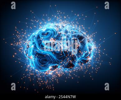 Cerveau polygonal abstrait avec des points et des lignes brillants, connexions réseau. Intelligence artificielle et concept de développement personnel. Il s'agit d'un rendu 3D. Banque D'Images