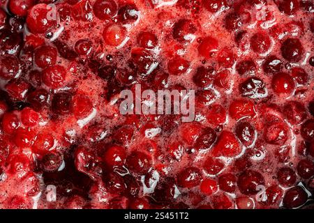 Canneberge rouge mûre dans une casserole lors de la préparation d'une confiture, gros plan, vue de dessus Banque D'Images