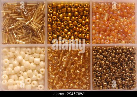 Perles de graines de couleur brune et dorée dans le conteneur pour la fabrication de bijoux Banque D'Images