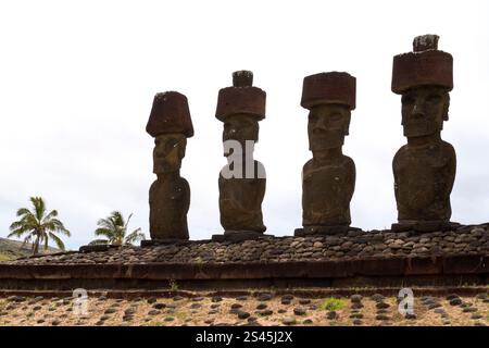 AHU Nau Nau a sept Moai surplombant la plage d'Anakena dans divers états de conservation, certains portant des «topknots» en pierre, l'île de Pâques. Banque D'Images