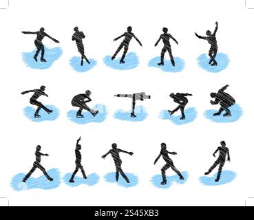 Ensemble de silhouettes grunge de patinage artistique. Illustration vectorielle EPS 10 entièrement modifiable. Illustration de Vecteur