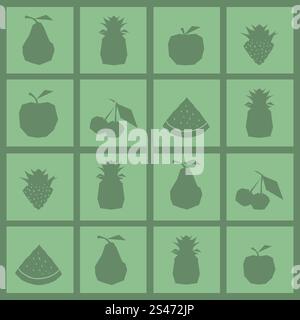 Modèle sans couture avec des fruits monochromes sur fond vert Illustration de Vecteur