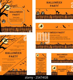 Jeu de cartes d'Invitation avec d'autres tailles et formats. Halloween élégant design avec arbre, lune, sorcière, clôture, bat, Cat et Raven sur fond orange avec copie Espace. Vector Illustration. Illustration de Vecteur
