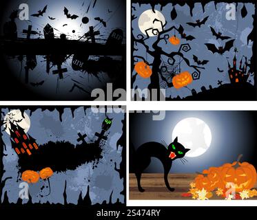 Ensemble de cartes de souhaits d'Halloween. Design élégant avec citrouille, lune, arbre, tombe, château, et les chats de plus grunge fond de ciel sombre. Vector illustration. Illustration de Vecteur