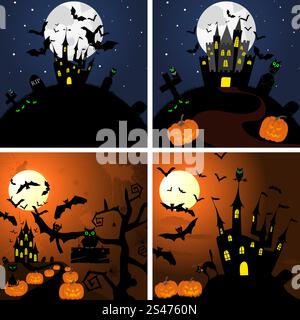 Ensemble de cartes de souhaits d'Halloween. Design élégant avec citrouille, lune, arbre, tombe, château, et les chats de plus grunge fond de ciel sombre. Vector illustration. Illustration de Vecteur