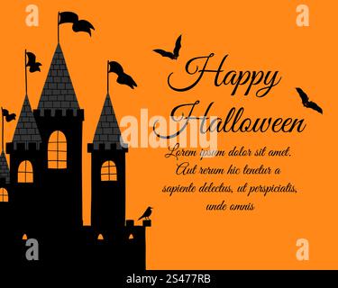Happy Halloween Greeting Card (Invitation). Design élégant avec Château, Raven et les Chauves-souris sur fond orange. Vector illustration. Illustration de Vecteur