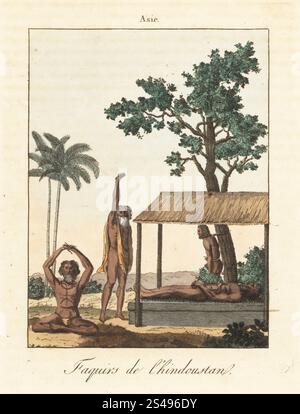 Fakirs hindous réalisant des rituels de mortification corporelle, XVIIIe siècle. Udbahu le bras levé, un homme allongé sur un lit de clous, l'un attaché par le cou à un arbre, l'autre assis les jambes croisées. Faquirs de l'Hindoustan. D'après une illustration de Frans Balthazar Solvyns dans les Hindous. Gravure sur cuivre colorée à la main tirée de Moeurs et Coutumes des peuples ou Collection de tableaux représentant les usages remarquables, les mariages, funérailles, supplices et fêtes des diverses Nations du monde, Manners and Customs of Peoples, Veuve Hocquart, Paris, 1811. Banque D'Images