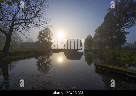 Soleil du matin sur l'étang du domaine un matin brumeux à Gut Othenstorf, Othenstorf près de Rehna, Mecklenburg-Poméranie occidentale, Allemagne, Europe Banque D'Images