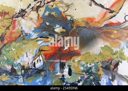 Peinture abstraite vivante avec jeu dynamique de couleurs et associations avec la nature, Mahabalipuram, Tamil Nadu, Inde du Sud, Inde, Asie Banque D'Images