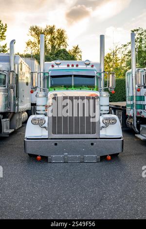 Tracteur semi-camion blanc Big Rig classique avec tuyaux d'échappement verticaux debout dans la rangée avec un autre semi-camions et semi-remorques sur l'arrêt de camion Banque D'Images